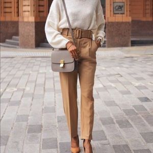 Zara | light brown high waisted pants belted plants | with cloth covered belt